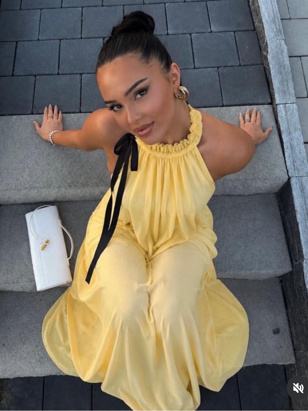 Zara Yellow Halter Jumpsuit with Black Ribbon